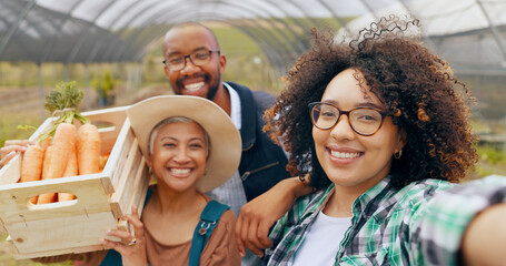 Wall Mural - Farm, selfie and people in greenhouse for vegetable harvest, agriculture or small business. Sustainability, face or happy farmer team in nature for agro profile picture, social media or startup blog