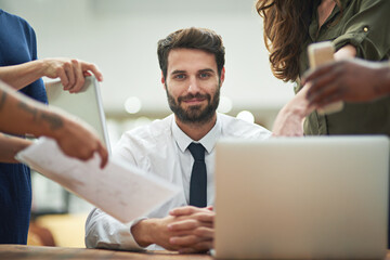 Aufkleber - Portrait, man and laptop with documents in team with smile at work for business, workplace and company. Male person, coworkers and busy for management, job or career as project manager in accounting
