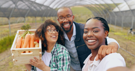 Wall Mural - Farm, selfie and people in greenhouse for vegetable harvest, agriculture or small business. Sustainability, face or happy farmer team in nature for agro profile picture, social media or startup blog