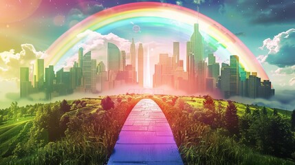 Develop an image of a rainbow bridge leading to a futuristic city, focus on the concept of progress and hope in the LGBTQ community, with a futuristic cityscape as the backdrop, using blend mode