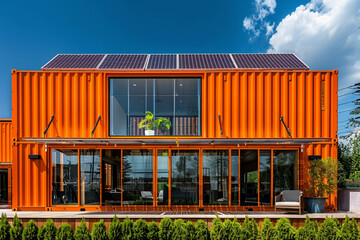 Bright orange luxury container office with expansive solar panels, angled front view.