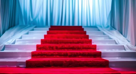 Wall Mural - Red carpet on white backdrop for a glamorous event. Concept Red Carpet, White Backdrop, Event Photography, Glamorous Theme, Elegant Setup