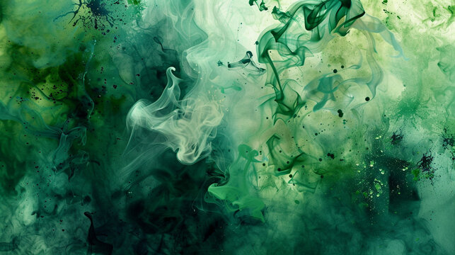 chaotic abstract smokey backgrounds with green watercolor splashes, featuring abstract smokey backgrounds