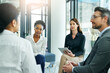 © peopleimages.com - Businesspeople, office and interview for discussion with meeting for job with employment conversation. Corporate, hiring and potential employee for finance company in Switzerland with technology.
