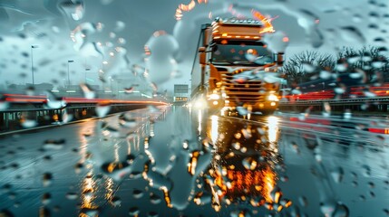 Wall Mural - An artistic shot of a truck's reflection in a rain puddle on the freeway, the ripples distorting the image and merging with the streaks of passing lights