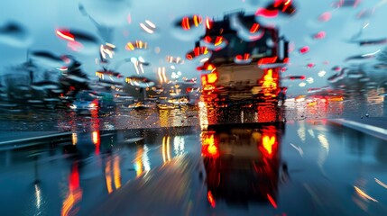 Wall Mural - An artistic shot of a truck's reflection in a rain puddle on the freeway, the ripples distorting the image and merging with the streaks of passing lights
