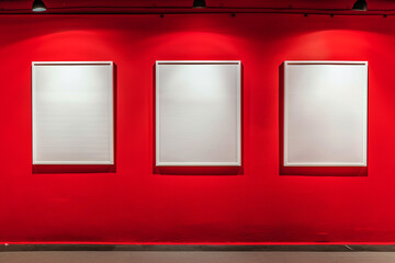 Contemporary red wall: three white frames under spotlights, creating striking contrast.