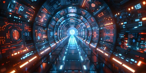 Poster - futuristic spaceship corridor with glowing neon lights and advanced technology