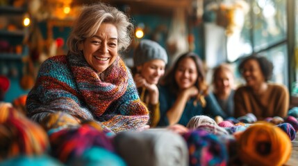 Group of people doing needlework knitting. Yarn and soft wool in various colors and textures are scattered around them.