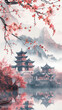 Beautiful landscape with ancient pagoda and blooming sakura. Scene is set against backdrop of mountains and lake.
