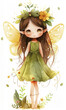 Cartoon illustration of fairy orange wings and floral wreath wearing green dress on white background.