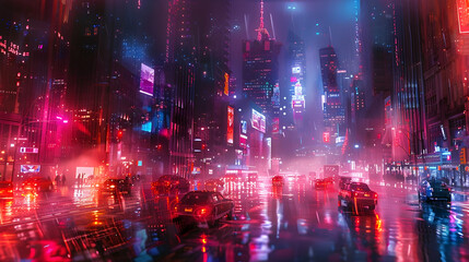 Poster - Neon-Lit Dystopian Cityscape with Augmented Reality Warfare in the Future