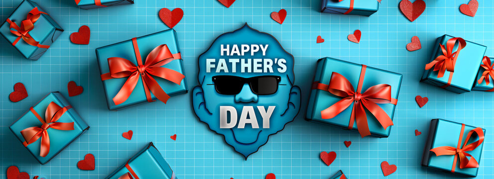 Father's Day celebration background adorned with a gift box mug calendar mustache heart shape
