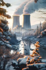 Poster - Nuclear Power Plant Amid Serene Frozen Landscape with Smoking Towers and Flowing Stream