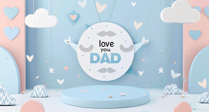 Father's Day celebration background adorned with a gift box mug calendar mustache heart shape

