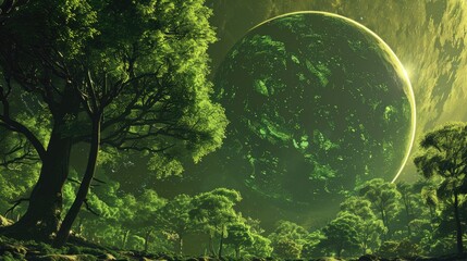 Sticker - Computer generated artwork depicting a lush green planet