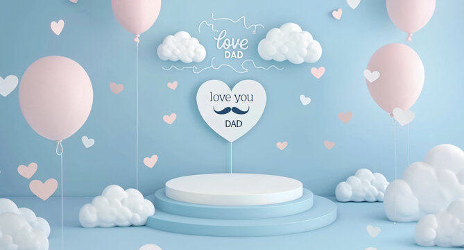Father's Day celebration background adorned with a gift box mug calendar mustache heart shape
