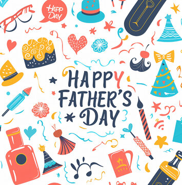 Father's Day celebration background adorned with a gift box mug calendar mustache heart shape
