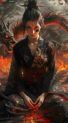 Sticker - Powerful and Enigmatic Flame Warrior Surrounded by Raging Inferno and Colossal Chinese Dragon in Dark Cinematic Fantasy Scene