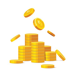 Wall Mural - Stack of gold coins with us dollar currency sign vector illustration isolated on white background. Money heap coin pile. Business and finance concept design element.