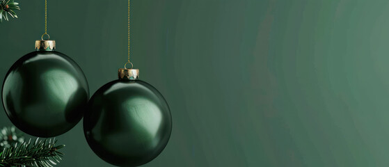 illustration of two dark green christmas baubles on the left side of the image, copyspace for any text