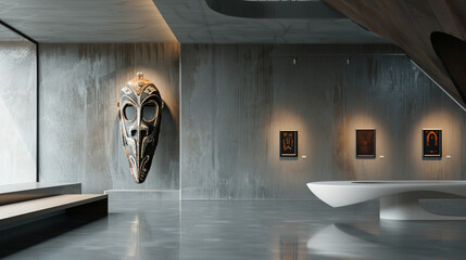 Wall Mural - A sleek modern gallery showcasing a lone tribal mask on a stark white wall.