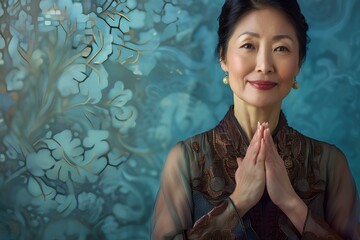 Wall Mural - An HD image showcasing the pure joy of gratitude an elegant Asian woman standing gracefully, her hands clasped over her heart, eyes gleaming with appreciation and warmth