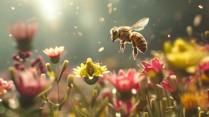 Poster - A bee hovering above a cluster of colorful flowers, poised to dive in and gather precious nectar.