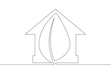 Wall Mural - One continuous line.Ecology symbol.Tree leaf. Residential building symbol silhouette. One continuous drawing line logo isolated minimal illustration.