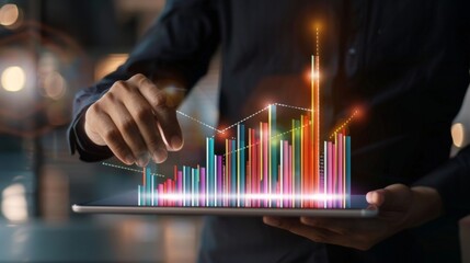 Aufkleber - A businessman analyzing colorful bar graphs on a tablet, reflecting growth trends in the market.