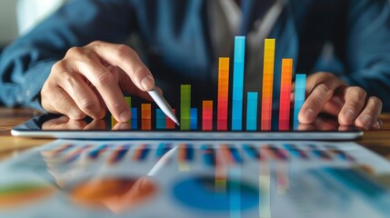 Aufkleber - A businessman analyzing colorful bar graphs on a tablet, reflecting growth trends in the market.