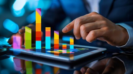 Aufkleber - A businessman analyzing colorful bar graphs on a tablet, reflecting growth trends in the market.