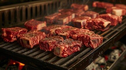 Canvas Print - A charcoal grill loaded with premium cuts of marbled steak, ready to be seared to perfection for a barbecue feast.