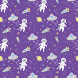 Fototapeta Pokój dzieciecy - Vector seamless pattern cute astronauts as cats with ships in space. Print for children textile, pack, fabric, wallpaper, wrapping.
