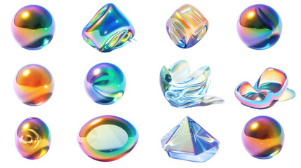 A set of 12 metallic iridescent colorful and shiny 3D objects in isolated on transparent background