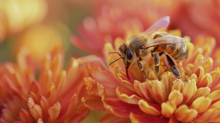 Poster - A close-up of a honeybee pollinating a vibrant flower, showcasing the beauty and importance of nature's symbiosis.