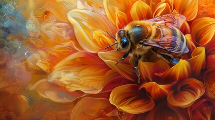 Poster - A close-up of a honeybee pollinating a vibrant flower, showcasing the beauty and importance of nature's symbiosis.