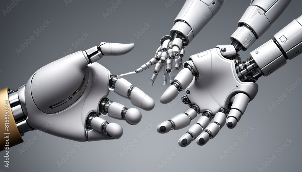 AI, Machine learning, Hands of robot and human touching on big data ...