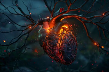 3d render of heart with tree branches, stylized human human heart with veins, arteries and blood ves