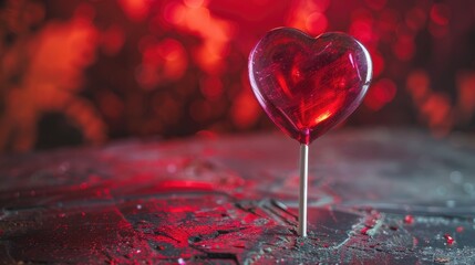 Poster - Heart shaped lollipop on a table with a red and dark backdrop