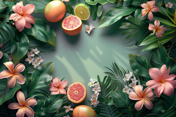 Wall Mural - Summer tropical background with a space for a text, various fruits, green leaves and flowers arranged, top view, copy space, 3d render