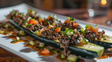 Wall Mural - Close up of plate with zucchini boats filled with meat