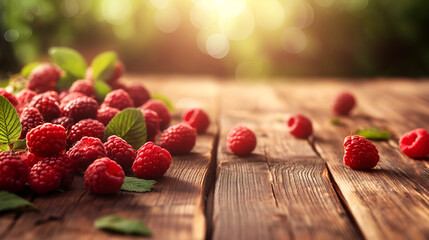 Wall Mural - Sweet ripe raspberries in a bowl on a wooden table, focus shot, and space for text, blurred background. Copy space. For display products