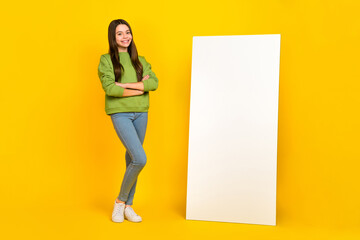 Sticker - Full body photo of young girl promoter crossed hands modern technology menu website isolated over yellow color background