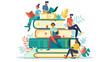 © atitaph - Illustration of a young smart male and female reader sitting on a giant pile of books and reading. Ebook ideas for digital libraries book festival Flat Art Vector