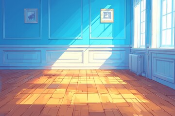 A cartoon-style room with blue walls, wooden floors, and two windows on the right side of the wall. The background is simple and empty without any furniture or decorations.