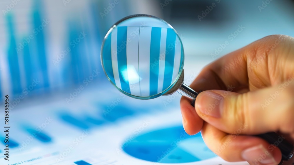 A hand holding a magnifying glass over a bar graph, emphasizing the ...