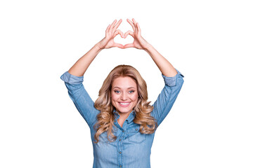 Wall Mural - Portrait of her she nice cute lovely lovable charming attractive wavy-haired cheerful lady showing heart sign gesture up over head isolated over gray violet purple pastel background