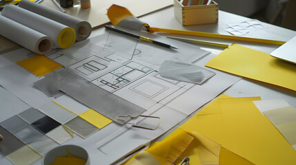 Poster - Interior designers working table an architectural plan of the house a color palette furniture and fabric samples in yellow and grey color Drawings and plans for house decoration : Generative AI
