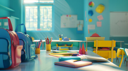 Poster - Interior of stylish empty classroom with backpacks and stationery : Generative AI